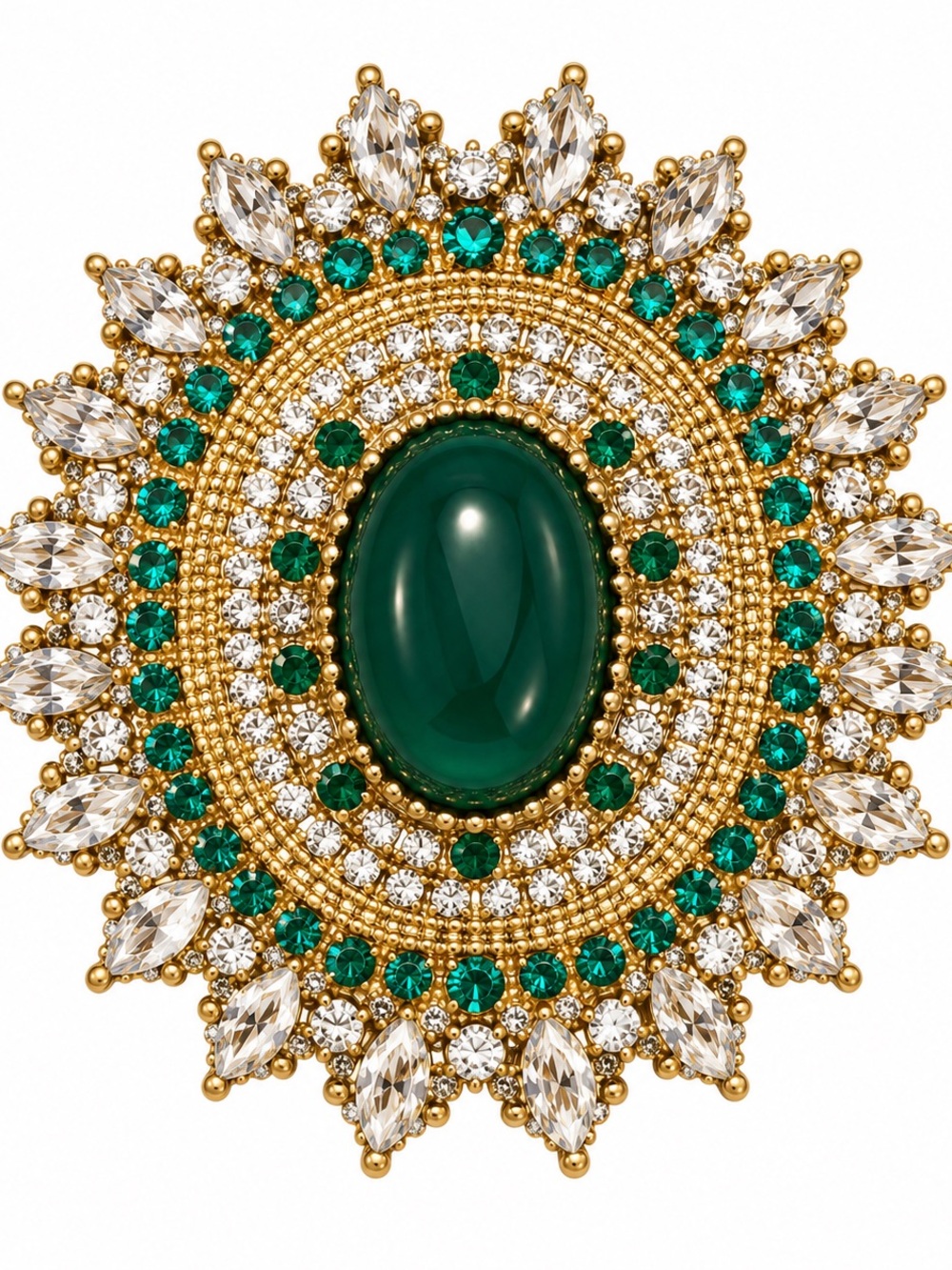Vintage-Inspired Gold Brooch with Emerald Green Cabochon 🆕